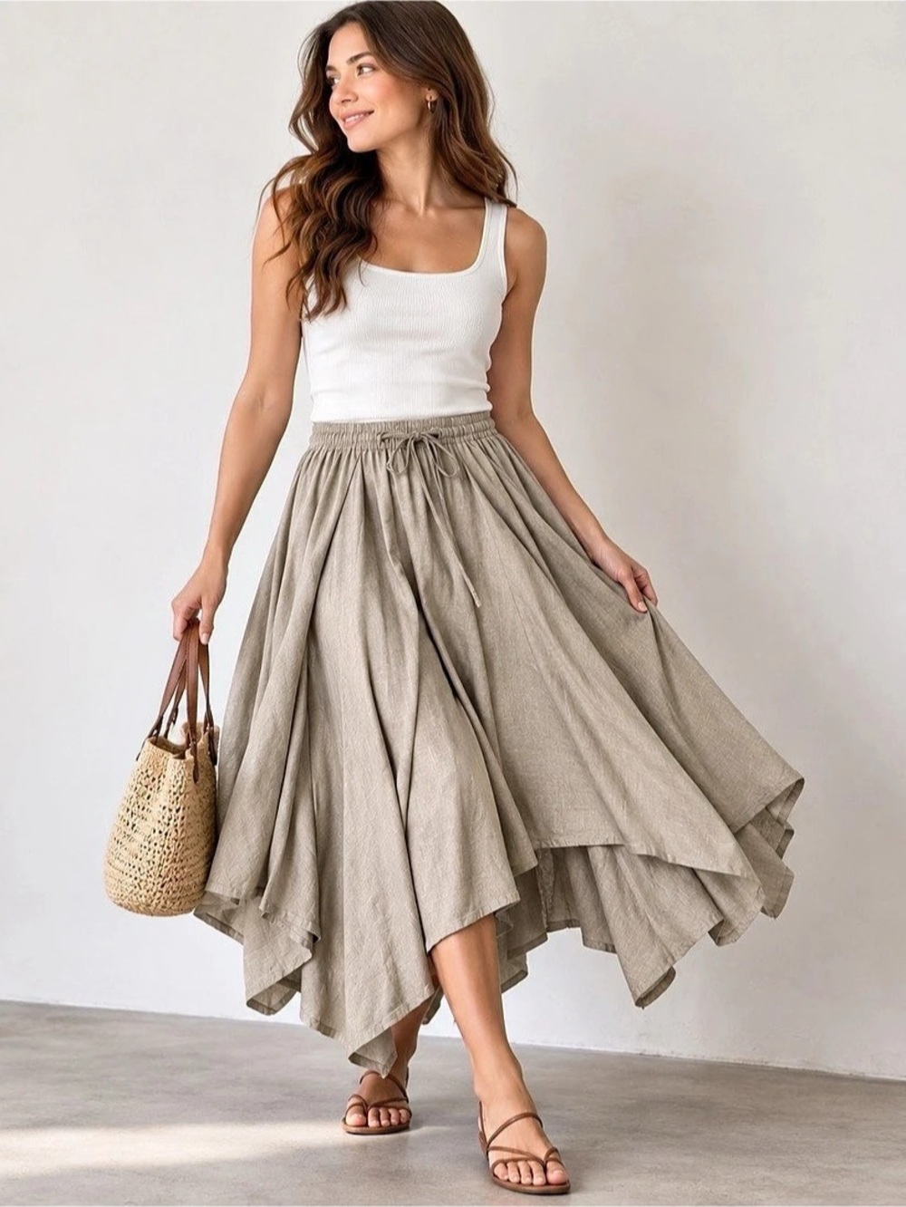 Easel Layered Midi Skirt in Beige Size Small